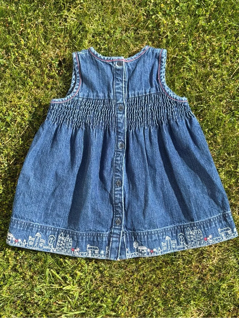 Vintage OshKosh Denim Dress 18M Smocked Embroidered City Skyline Hem 90s